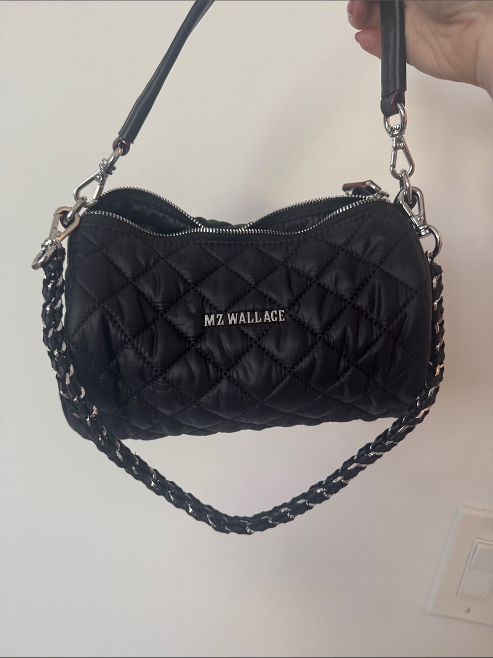 MZ Wallace Black Quilted Mini Barrel Bag with Chain Strap